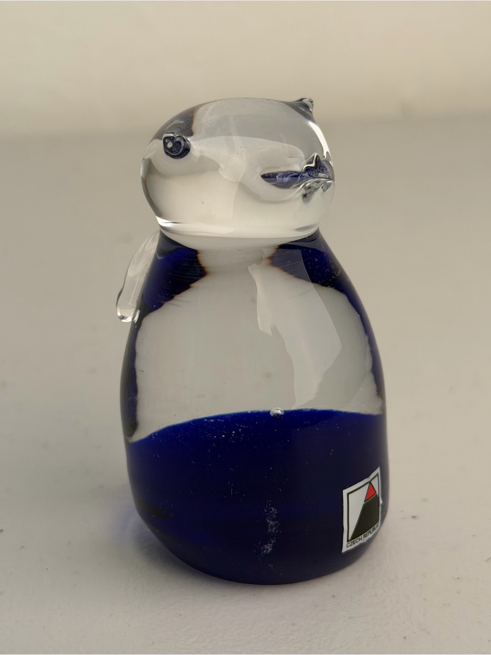 Vintage Czech Republic Art Glass Cat Figurine Paperweight Cobalt Blue Clear 3”